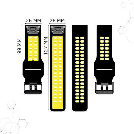 Ремешок для смарт-часов Garmin Fenix, шириной 26 мм, двухцветный с перфорацией (черный/желтый)