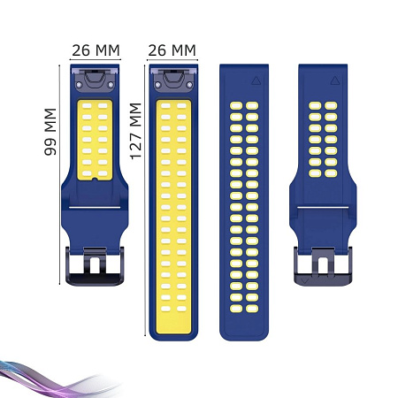 Ремешок для смарт-часов Garmin fenix 3 шириной 26 мм, двухцветный с перфорацией (темно-синий/желтый)