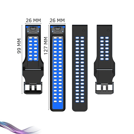 Ремешок для смарт-часов Garmin fenix 3 шириной 26 мм, двухцветный с перфорацией (черный/синий)