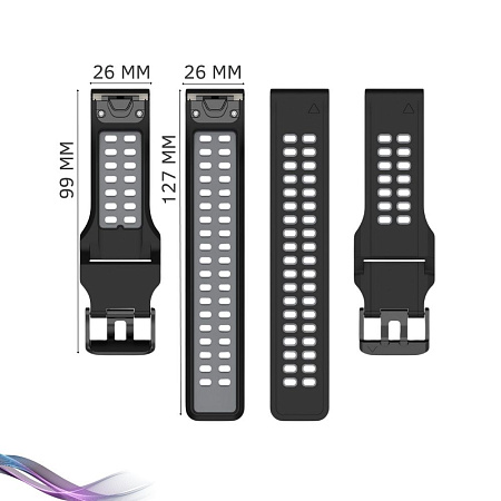 Ремешок для смарт-часов Garmin fenix 3 шириной 26 мм, двухцветный с перфорацией (черный/серый)