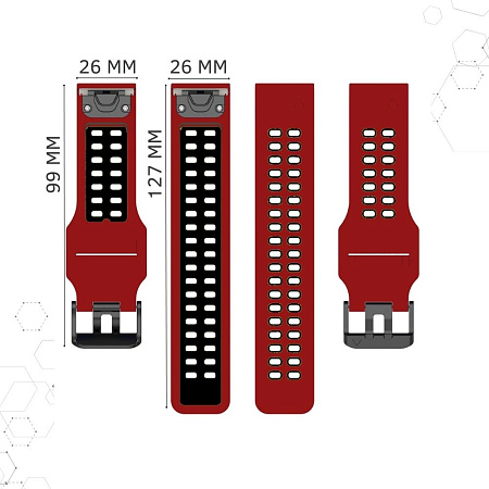 Ремешок для смарт-часов Garmin Fenix, шириной 26 мм, двухцветный с перфорацией (красный/черный)