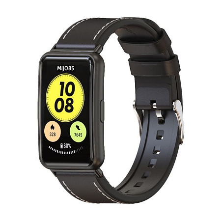 Ремешок Mijobs для Huawei Watch Fit / Fit Elegant / Fit New, силиконовый с кожаными вставками (черный)