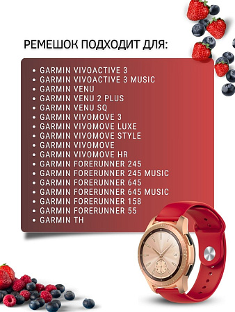 Силиконовый ремешок PADDA Sunny для смарт-часов Garmin Vivoactive / Venu / Move / Vivomove / Forerunner/ шириной 20 мм, застежка pin-and-tuck, (красный)