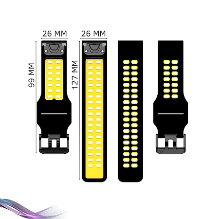 Ремешок для смарт-часов Garmin fenix 3 шириной 26 мм, двухцветный с перфорацией (черный/желтый)